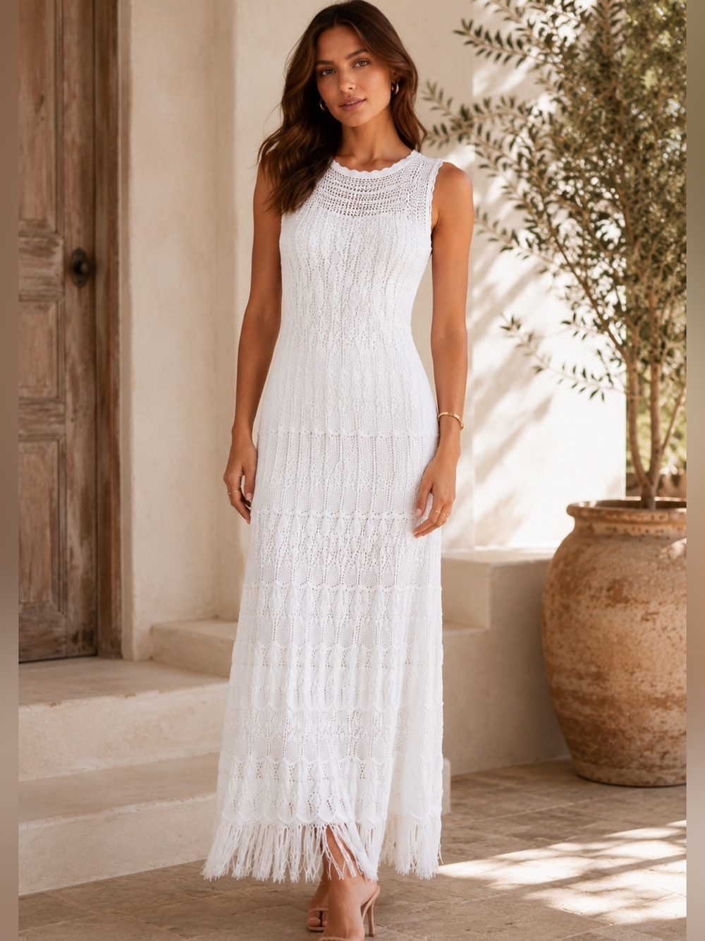 Torn by Ronny Kobo Ryan Dress White Crochet Fringe Bachelorette Midi NWT M Viral
